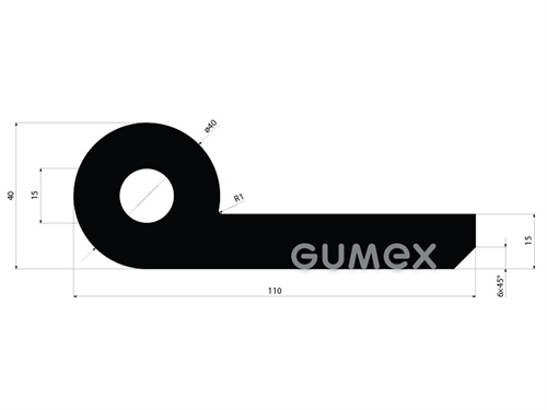 Profil gumový pre vodné diela tvaru "P" s dutinkou, 110x40/15mm, 60°ShA, EPDM, -40°C/+100°C, čierny
